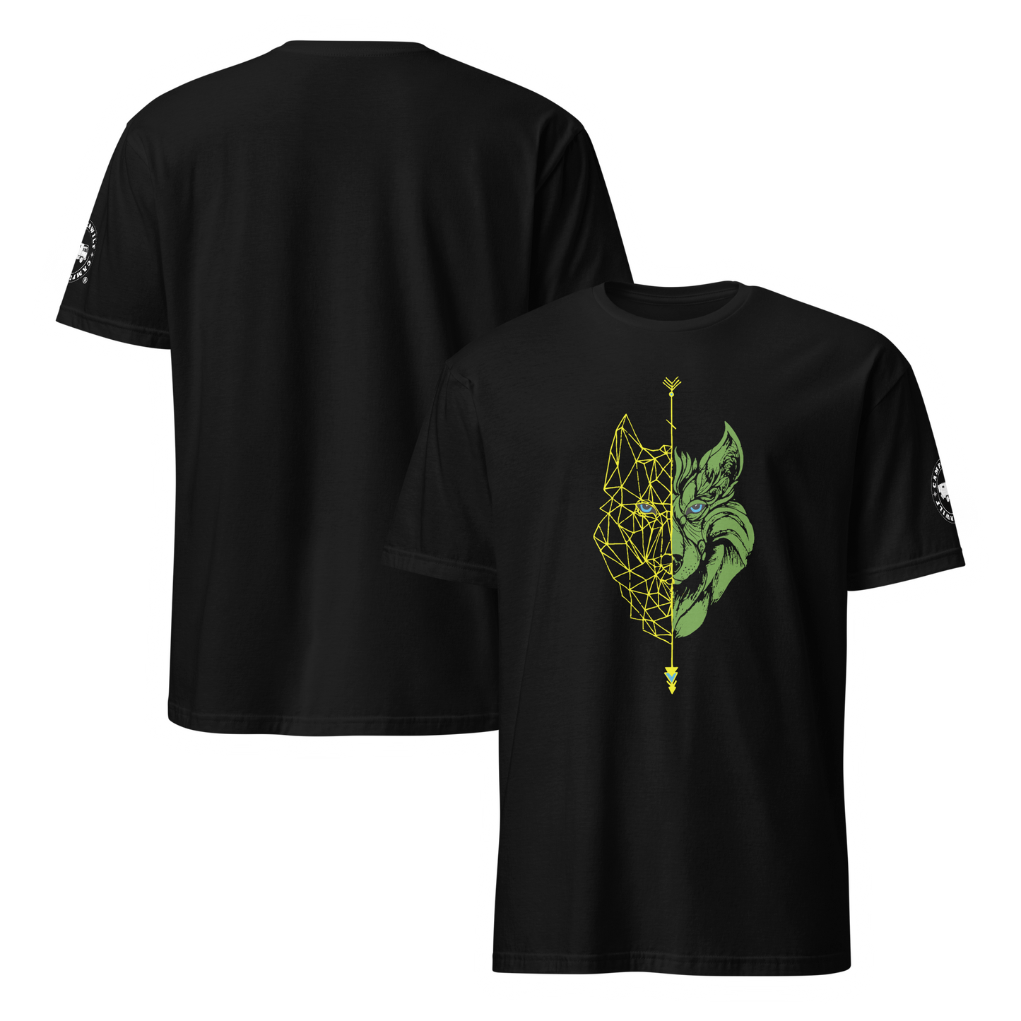 Camiseta Negra unisex Lobo amarillo y verde