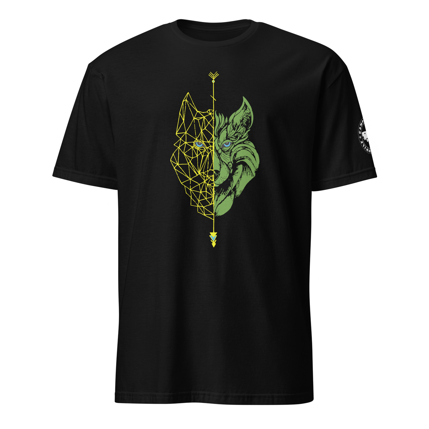 Camiseta Negra unisex Lobo amarillo y verde