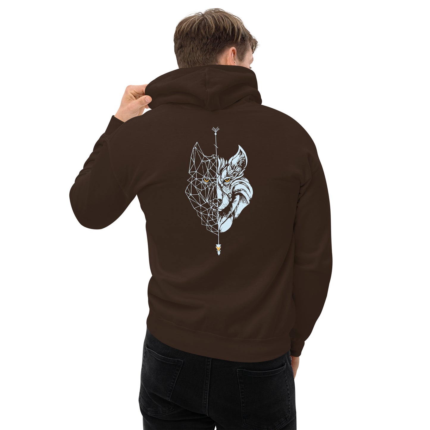 PARA HOMBRE: Sudadera con capucha COLOR CHOCOLATE con LOBO CELESTE