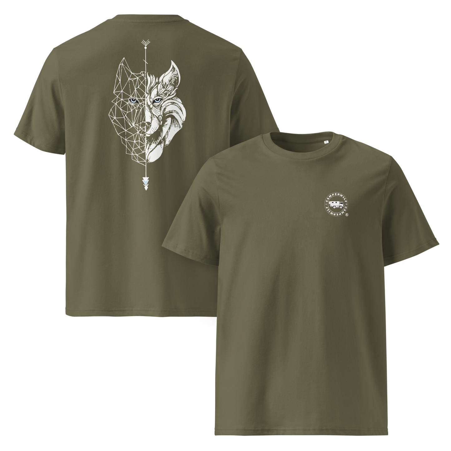 Camiseta Camperwilf® – Lobo Blanco (Color Verde Musgo)