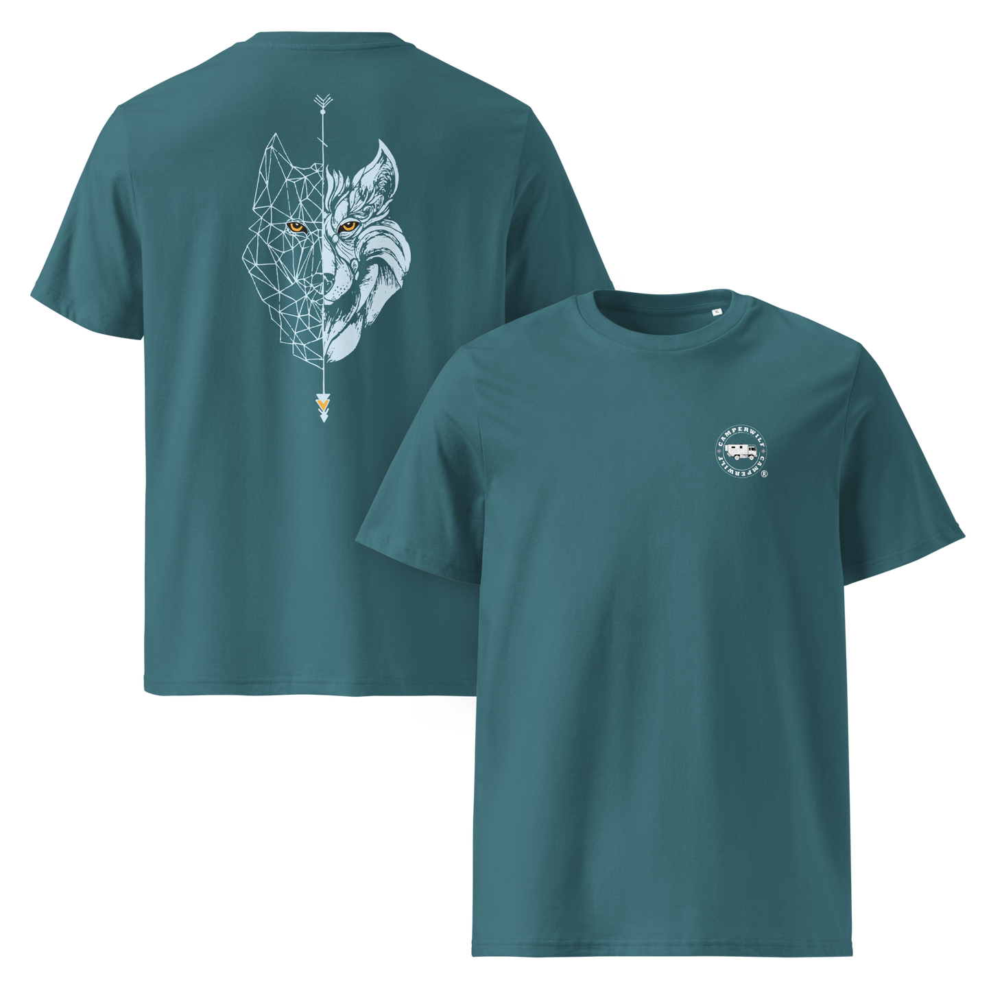 Camiseta Camperwilf® – Hombre Verde Mar con Lobo Celeste