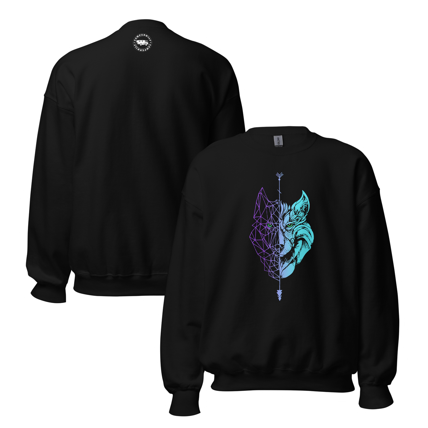 Sudadera sin Capucha Camperwilf® – Lobo Degradado morado a azul flúor, color Negro.