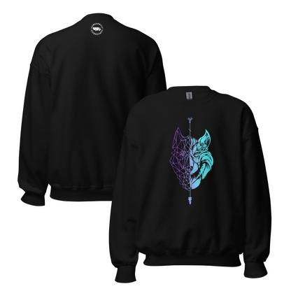 Sudadera sin Capucha Camperwilf® – Lobo Degradado morado a azul flúor, color Negro.