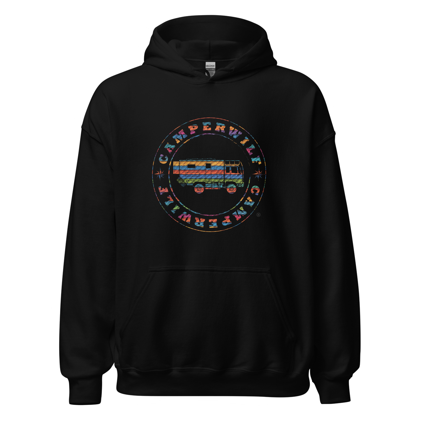 Sudadera Camperwilf® – Logo Multicolor Efecto Bordado (Negra)