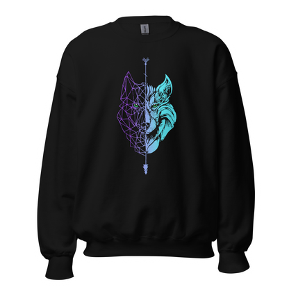 Sudadera sin Capucha Camperwilf® – Lobo Degradado morado a azul flúor, color Negro.