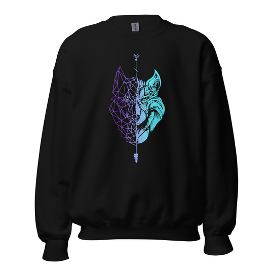 Sudadera sin Capucha Camperwilf® – Lobo Degradado morado a azul flúor, color Negro.