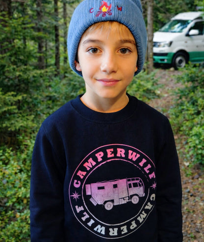 Sudadera sin Capucha Infantil Camperwilf® – Logo Degradado fucsia → celeste, color Negro