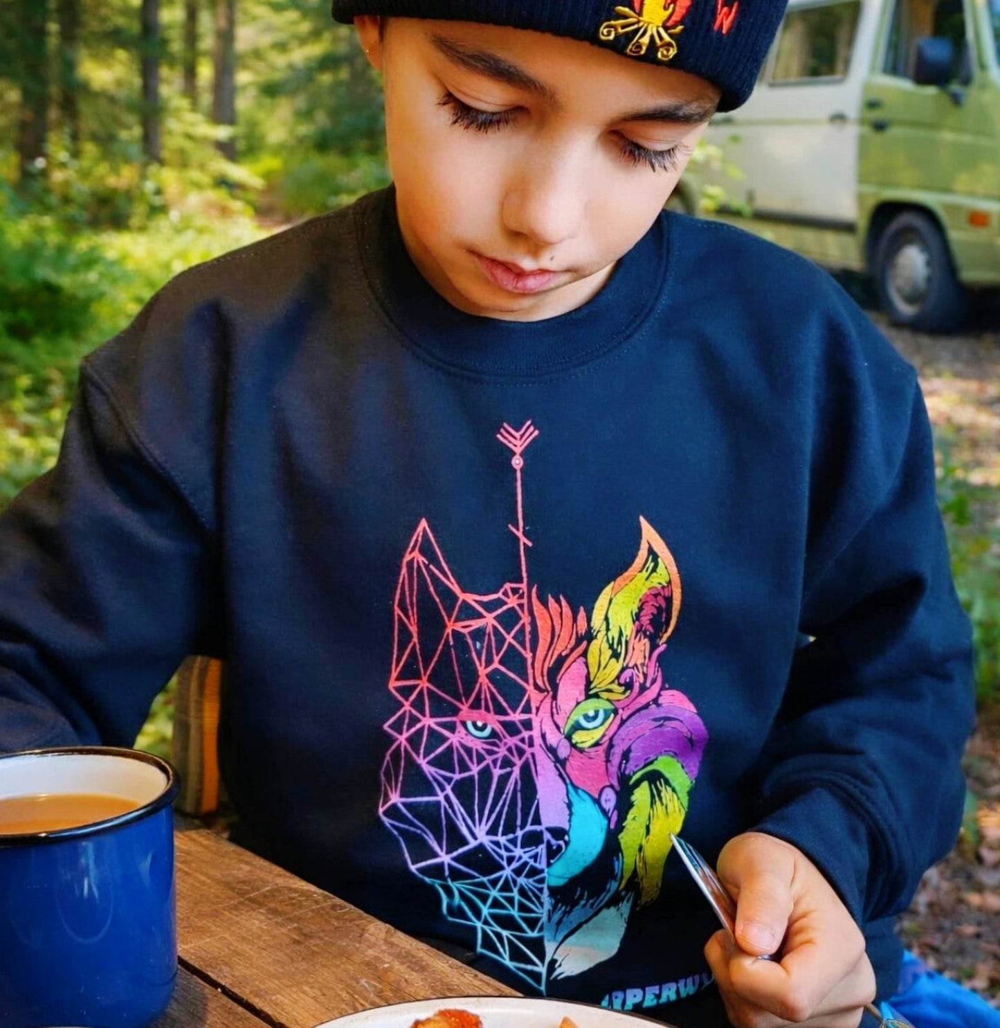 Sudadera sin Capucha Infantil Camperwilf® – Lobo Lobo multicolor, color Negro