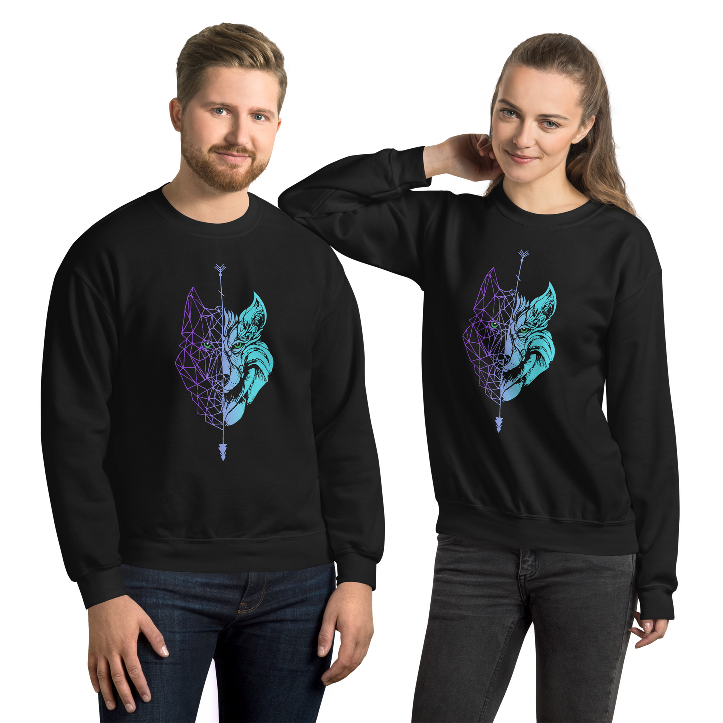 Sudadera sin Capucha Camperwilf® – Lobo Degradado morado a azul flúor, color Negro.