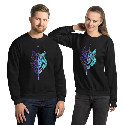 Sudadera sin Capucha Camperwilf® – Lobo Degradado morado a azul flúor, color Negro.
