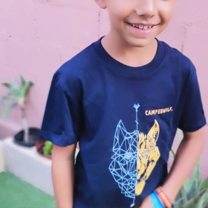 Camiseta niño algodón orgánico Lobo azul/naranja (3 Colores)