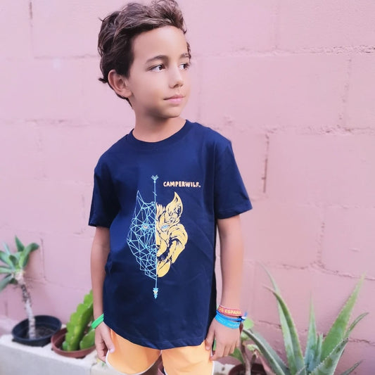 Camiseta niño algodón orgánico Lobo azul/naranja (3 Colores)