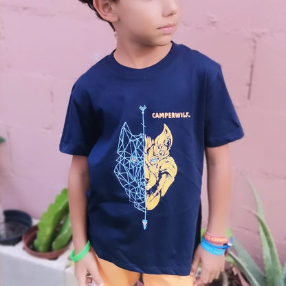 Camiseta niño algodón orgánico Lobo azul/naranja (3 Colores)