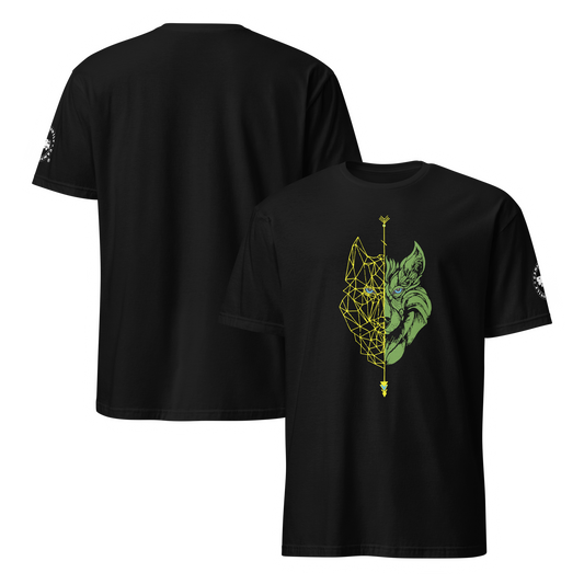 Camiseta Negra unisex  Lobo amarillo y verde