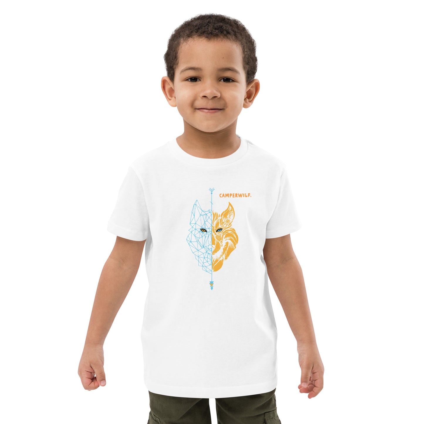 Camiseta niño algodón orgánico Lobo azul/naranja (3 Colores)