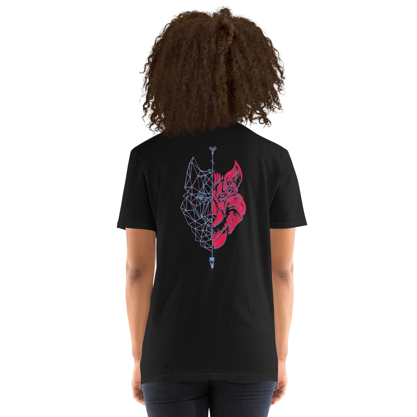 Camiseta Negra mujer 100% algodón Lobo azul/rojo