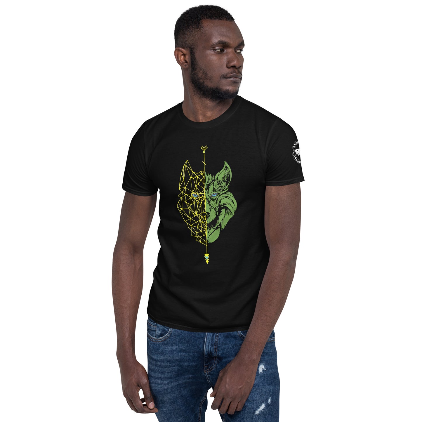 Camiseta Negra unisex  Lobo amarillo y verde