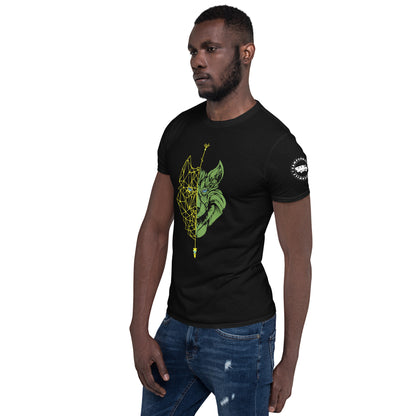 Camiseta Negra unisex  Lobo amarillo y verde