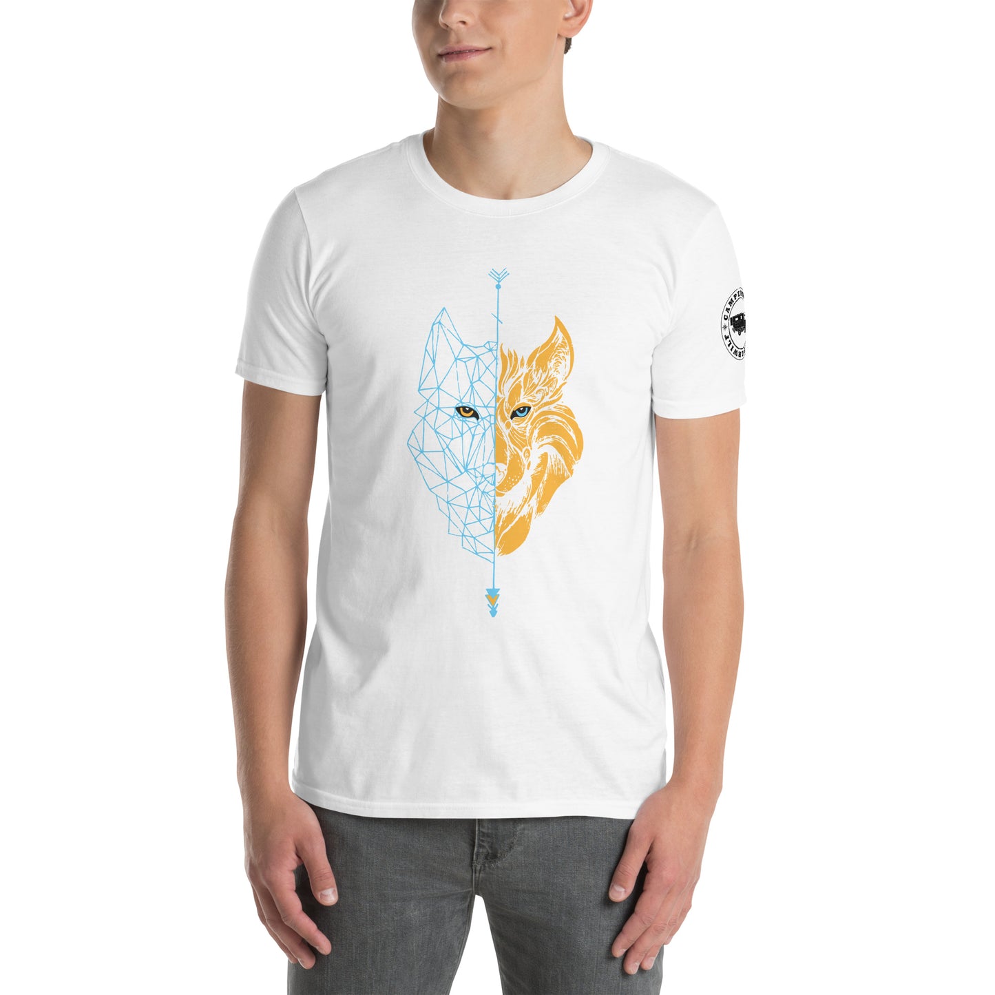 Camiseta Blanca Lobo azul y naranja