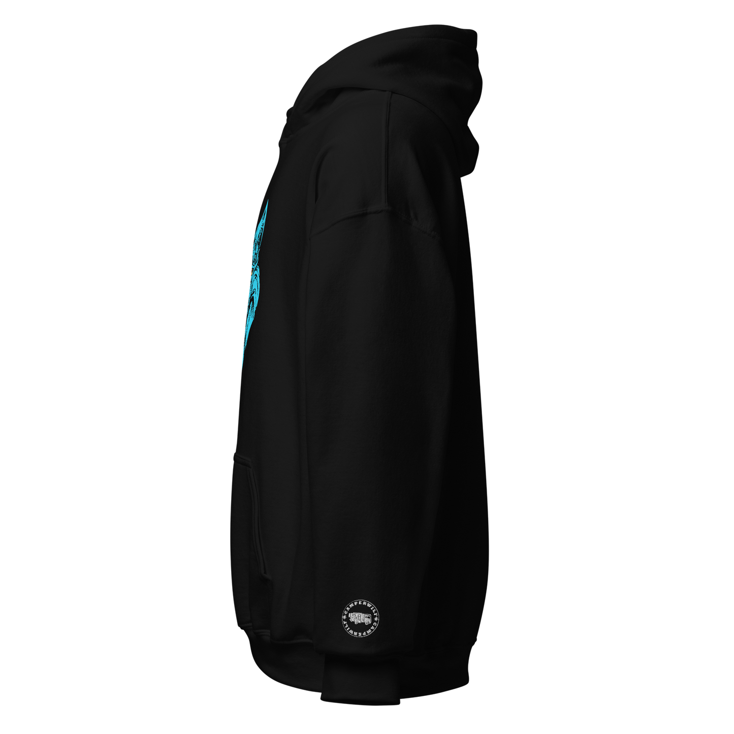 Sudadera con Capucha Camperwilf® – Lobo azul flúor, color Negro