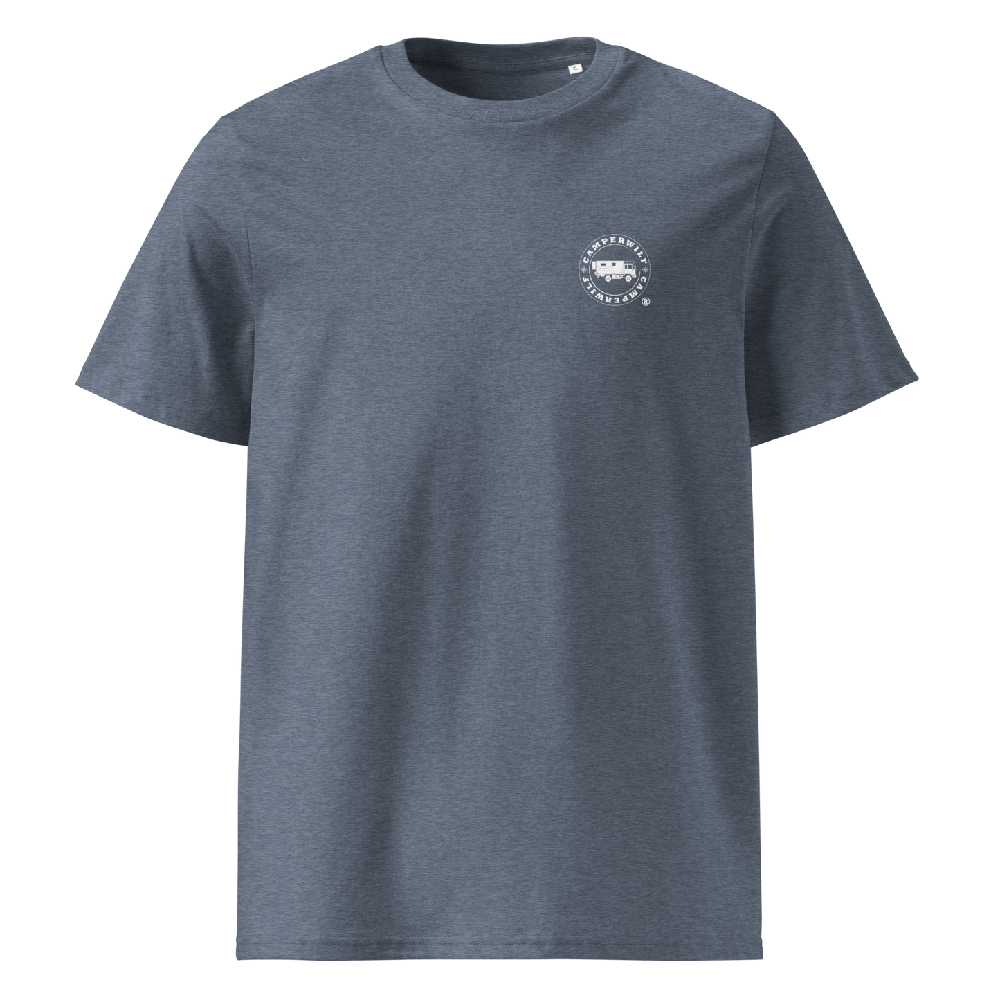 Camiseta Orgánica Camperwilf® – Logo Blanco (Azul Rasgado)