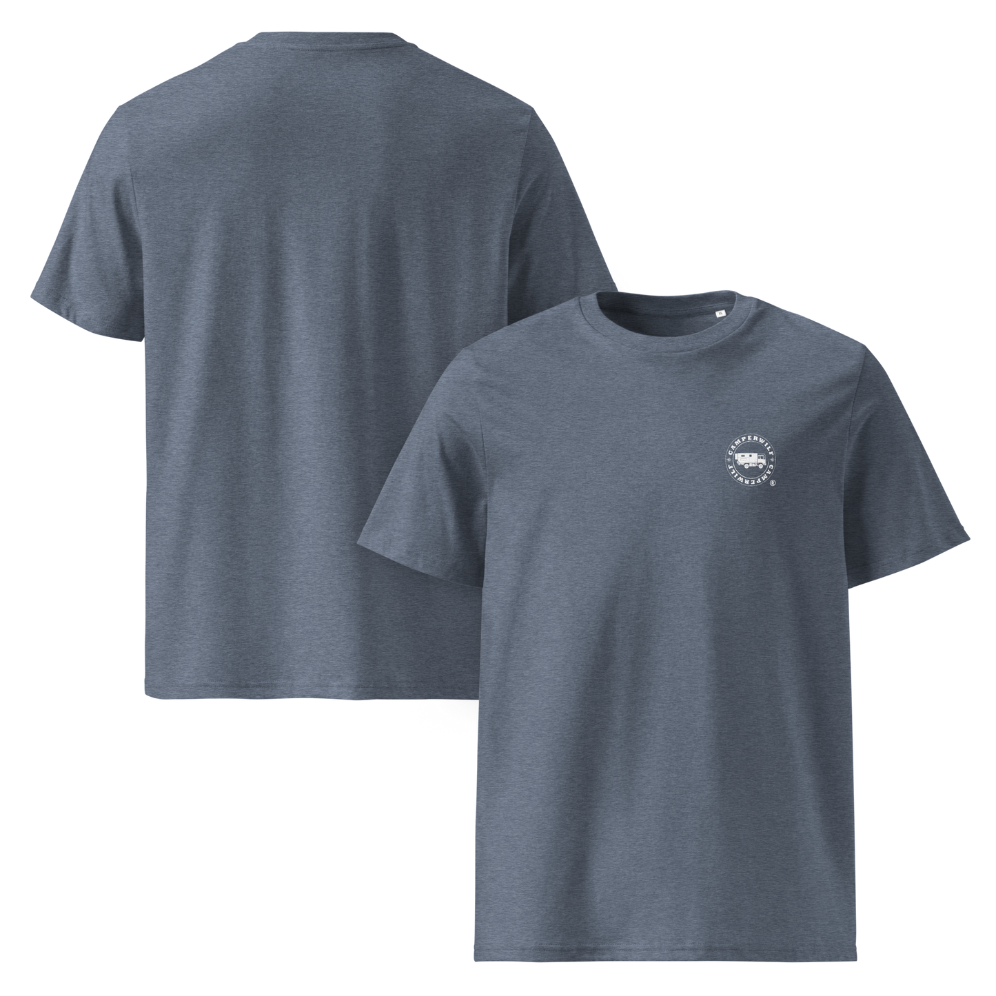 Camiseta Orgánica Camperwilf® – Logo Blanco (Azul Rasgado)