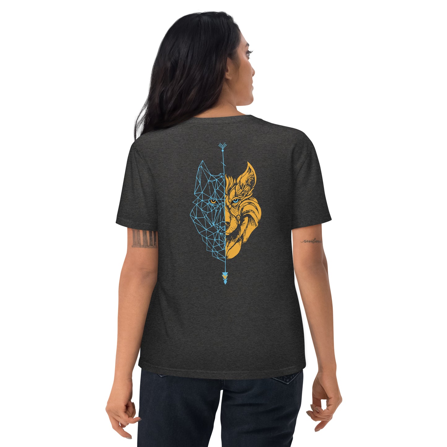 Camiseta Gris oscuro mujer algodón orgánico Lobo azul/naranja