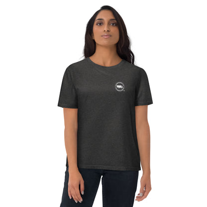 Camiseta Gris oscuro mujer algodón orgánico Lobo azul/naranja