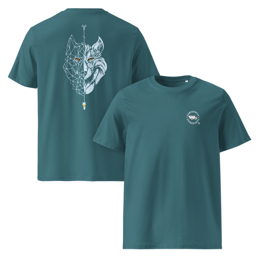 Camiseta Camperwilf® – Hombre Verde Mar con Lobo Celeste